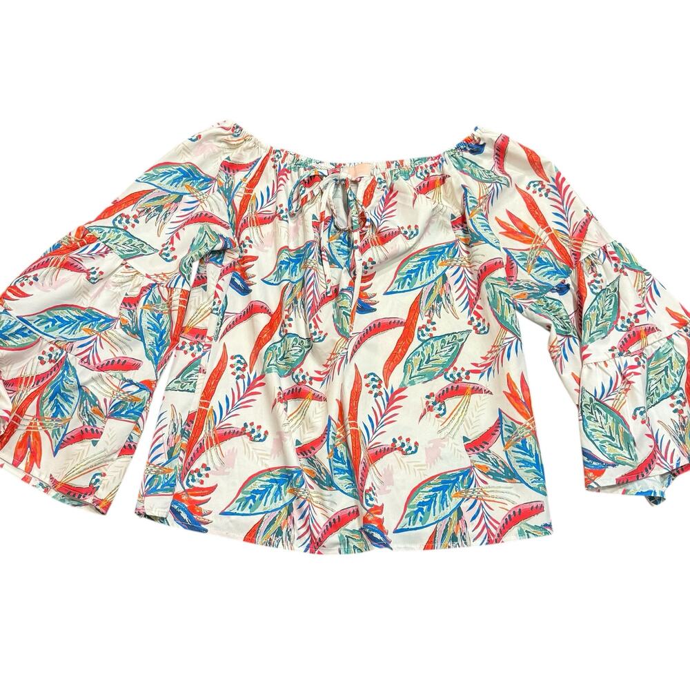 C + D + M Women’s bright floral blouse, tropical, bell sleeves, M